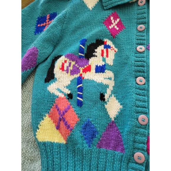 Vintage Rare Berek Wool Knit Horse Carousel Cardigan Sweater M - Picture 6 of 8